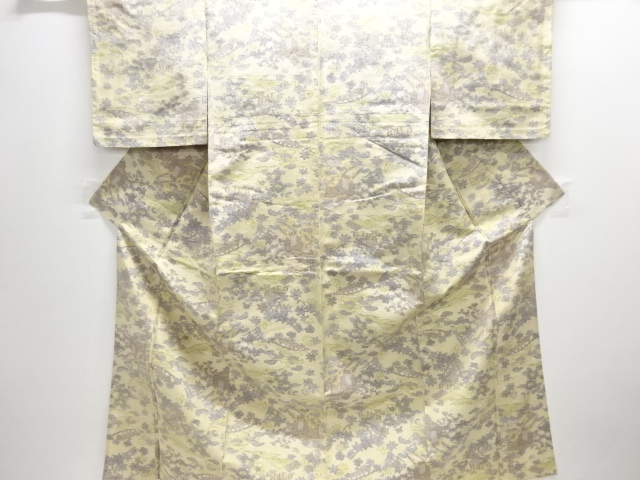 御所車に家屋・草花模様織出し十日町紬単衣着物